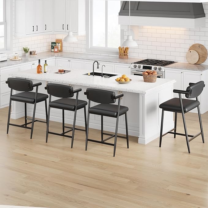 GarveeHome Bar Stools Set of 2, 26.5" Upholstered Counter Height Bar Stools for 2 with Armrest, Wider Thickened Cushion, Bar Chairs with Backrest for Bar, Dining Room, Kitchen, Retro Black