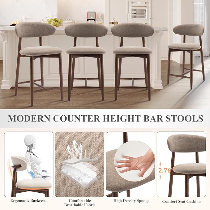 COLAMY Mid-Century Modern Upholstered Counter Height Bar Stools Set of 6, Kitchen Island Stools with Contoured Fabric Seat, Wood Legs, Camel