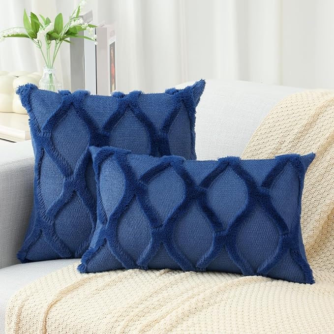 decorUhome Throw Pillow Covers 20x20 Inch Set of 2, Soft Plush Faux Fur Wool Dark Blue Couch Pillow Covers, Decorative Neutral Pillow Cases for Bed Sofa Living Room Home Decor