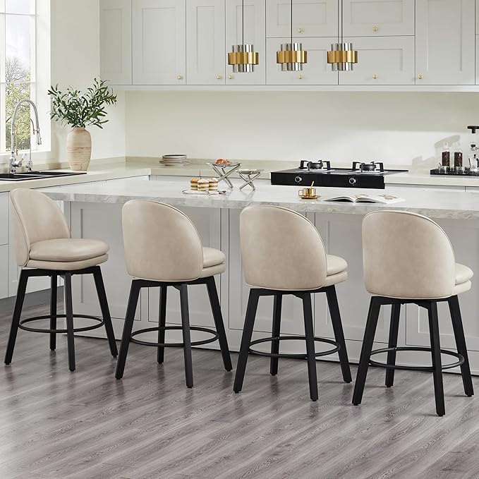 Counter Height Barstools 26 inch Upholstered Swivel Bar Stools with Back and Wood Legs for Kitchen Island,Set of 3,Beige PU Leather-Armless