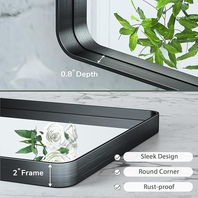 TokeShimi 48 x 24 Inch Wall Mirror Black Bathroom Vanity Mirror with Metal Frame Aluminum Alloy Rounded Corner for Modern Farmhouse Wall Decor 1”Deep Set Design (Horizontal/Vertical)