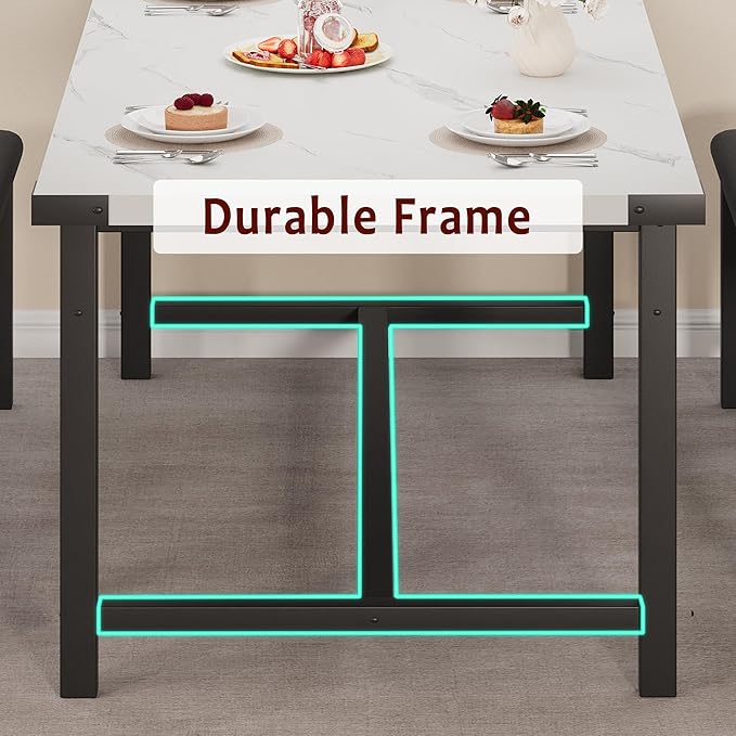GarveeHome Extendable Dining Table Set for 4-6, Rectangle Large Extendable Kitchen Table with 2 Upholstered Benches & Metal Corner Protect for Dining, Apartment, Space Saving, Marble White
