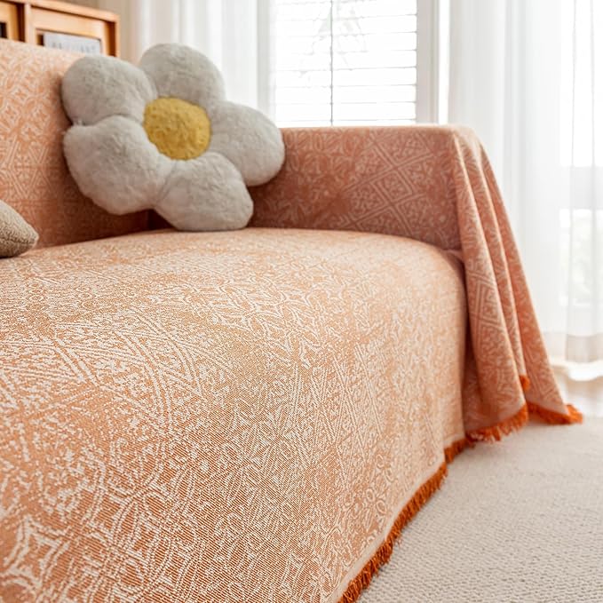 STACYPIK Boho Sofa Cover for Pets, Orange Geometric Couch Cover for 3 Cushion Sofa, Washable Dogs Protector for Living Room, Anti-Slip Sectional Covers for Loveseat with Tassel Throw Blanket-71X150IN