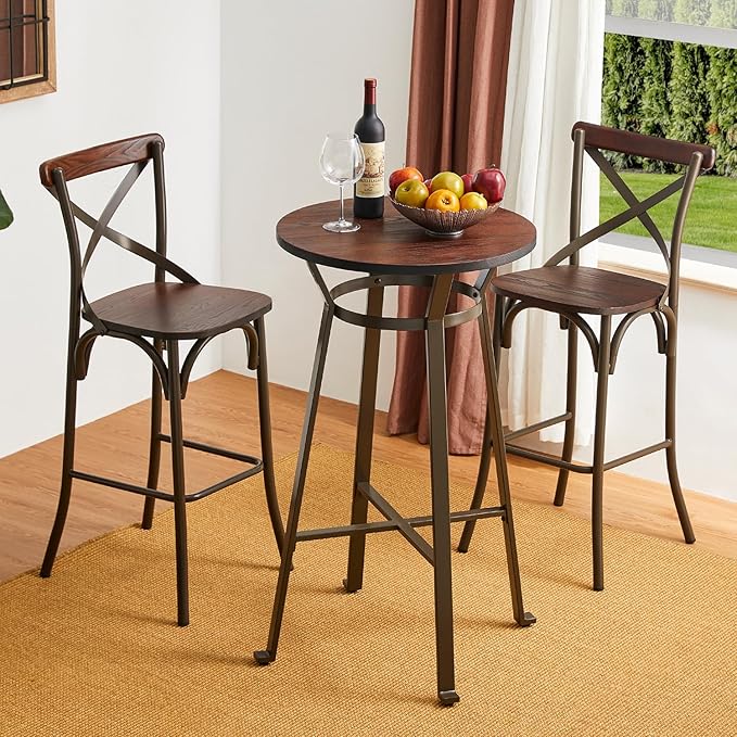 Glitzhome 41.25" H Rustic Steel Bar Table Round Solid Elm Wood Top Dining Room Pub Table Bistro Table