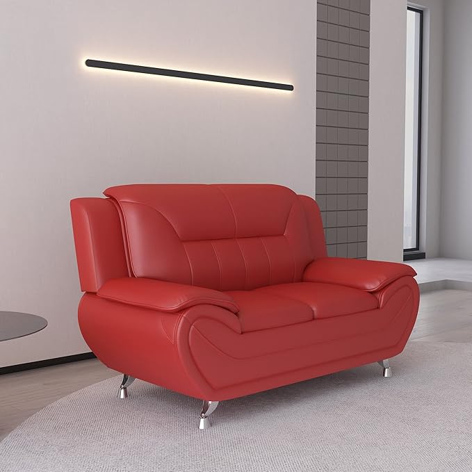 Container Furniture Direct Michael Modern Faux Leather Upholstered Stainless Steel Legs Living Room Loveseat, Persian Red