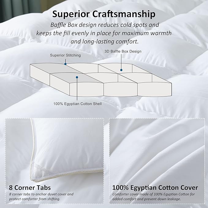 Egyptian Cotton Luxurious All-Season California King Size Goose Down Comforter Duvet Insert, Premium White Solid Plain Design, 1200 Thread Count 100% Egyptian Cotton, 750+ Fill Power,90oz Fill Weight