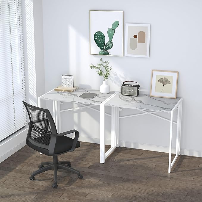 32 inch Folding Small Desk, Writing Gaming Computer Camping Desk for Small Spaces, No Assembly Required Home Office Desk, White Marble