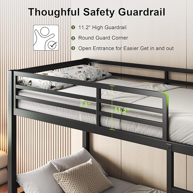 Feonase Metal Bunk Bed Twin Over Twin with Ladder and High Guardrail, Heavy-Duty Metal Slats Support, Noise Free, No Box Spring Needed, for Kids and Juniors, Vintage