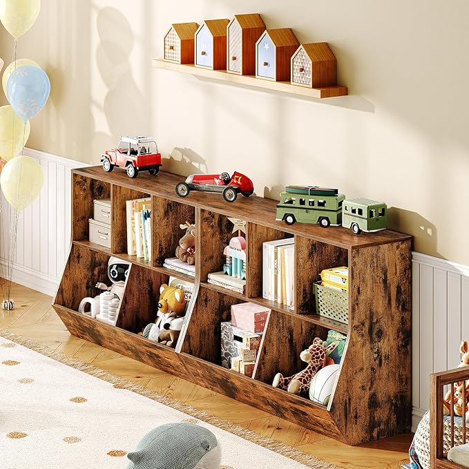 HOOBRO Kids Bookshelf, Bookcase Footboard, Toy Storage Cubby, Children's Toy Shelf, 39.4" L Toy Storage Cabinet, Fit for Children's Room, Playroom, Hallway, Kindergarten, Rustic Brown BF132CW01