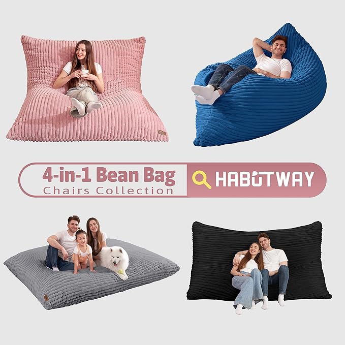 HABUTWAY 4-in-1 Bean Bag Chair, Convertible Chair with High-Density Memory Foam Filling & Machine Washable Cover, Giant Bean Bag Chair for Adults (Grey)