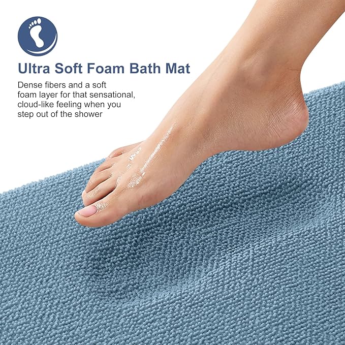 OLANLY Thick Memory Foam Bath Mat Rug 59x20, Extra Soft Absorbent Bathroom Rug, Quick Dry Bath Mats, Non-Slip, Machine Washable Carpet for Bathroom, Tub and Shower, Home Decor Accessories, Airy Blue
