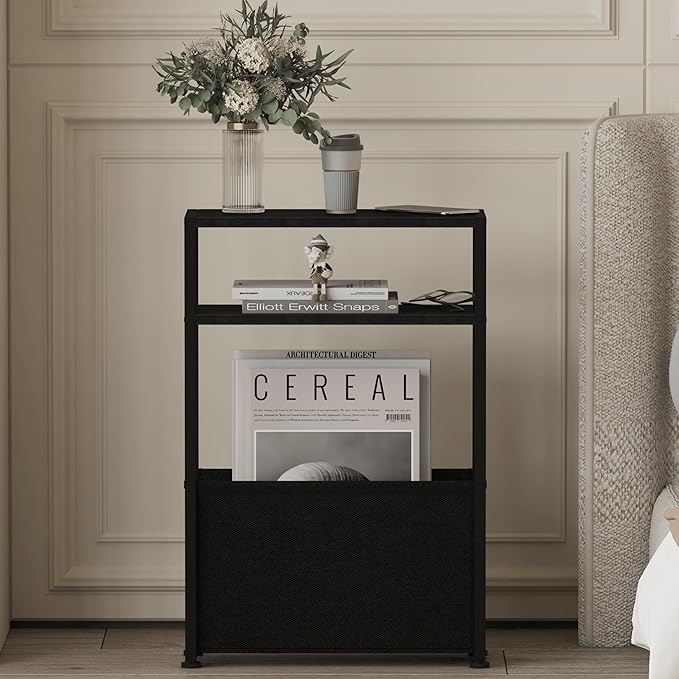 Black Side Table, Slim Side Table with Magazine Rack, Bathroom Table for Small Spaces, Narrow Bedside Table for Living Room, Bedroom