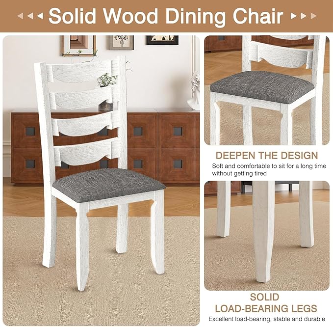 Solid Wood Dining Chair Set of 6, Kitchen Dining Room Chair with Upholstered Cushion & Wooden Legs, Modern Wood Side Chairs for for Kitchen, Washed Gray