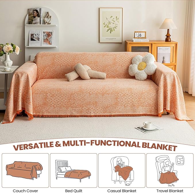 STACYPIK Boho Large Sofa Cover for Pets, Orange Geometric Couch Cover for 2 Cushion Sofa, Washable Dogs Protector for Living Room Anti-Slip Sectional Covers for Loveseat Tassel Throw Blanket-71X118IN