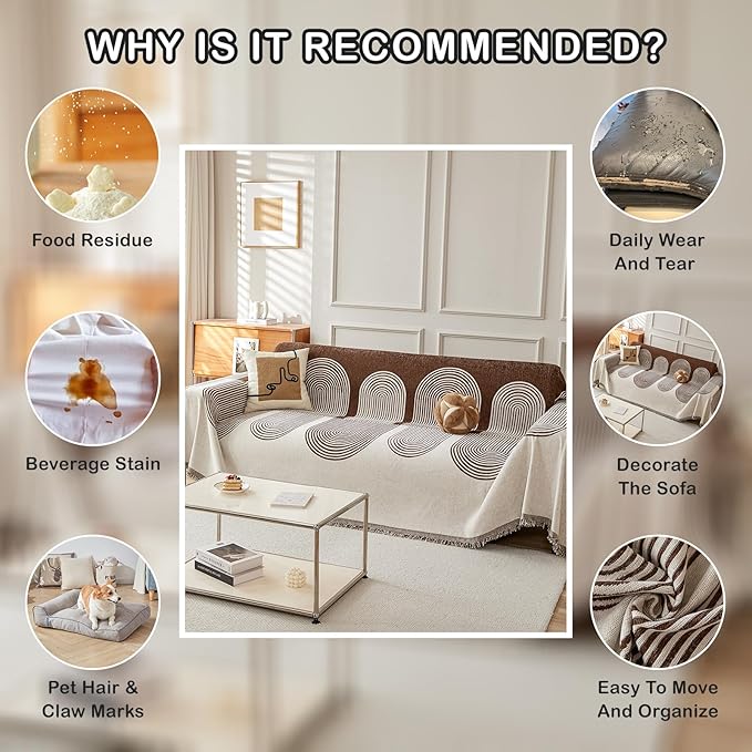 STACYPIK Soft Boho Chenille Couch Cover for Pets Beige Khaki Sofa Cover for 3 Cushion Couch Non Slip Furniture Protector with Tassels Geometric Couch Cover L Shaped Pet Friendly Washable-71x150IN