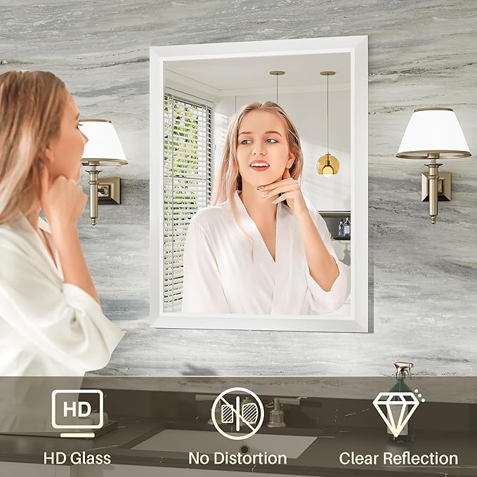 28x36 Inch White Bathroom Mirror for Wall, Thick Metal Framed Rectangle Mirrors for Over Sink, Bedroom, Living Room, Entryway, Anti-Rust, HD Tempered Glass