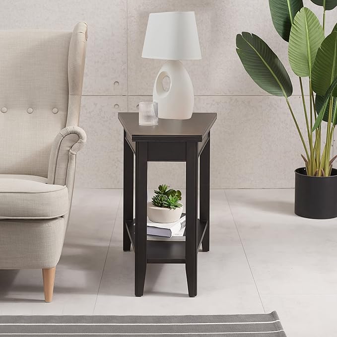 Leick Home Laurent End Table, Solid Wood, Narrow Wedge Shape, Bottom Display Shelf, Easy-Assembly, For Living Room/Bedroom, Black, 24.0 in. L x 17.0 in. W x 24.0 in. H, 10502-BK