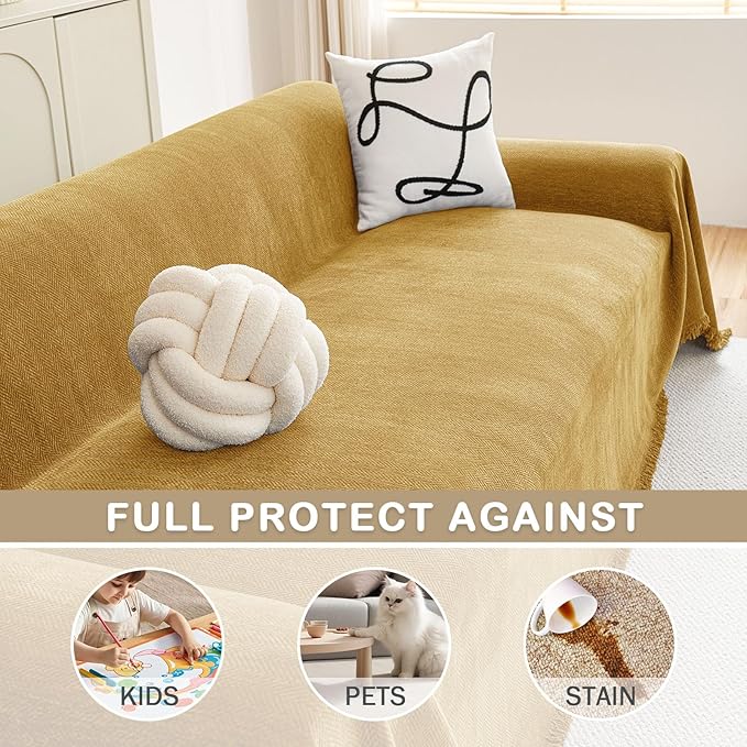hyha Couch Cover for Dogs, Boho Sofa Covers for 3 Cushion Couch Washable, Chenille Sofa Slipcover for Pets, Soft Loveseat Sectional Couch Throw Blankets with Tassels (Yellow, 88.5x134 Inch)