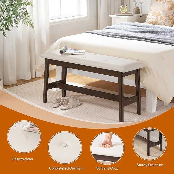 HOOBRO Dining Bench, Bamboo Dining Room Bench with PU Leather Upholstered Seat, for Kitchen, Living Room, Hallway, Kitchen, Entryway, Beige and Brown CE13CD01