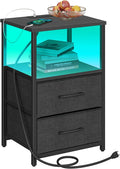 TUTOTAK LED End Table with Charging Station, Night Stand, Side Table with 2 USB Ports and Outlets, Nightstand with Cloth Drawer, Bedside Table for Livingroom, Bedroom Black TB01BK088L