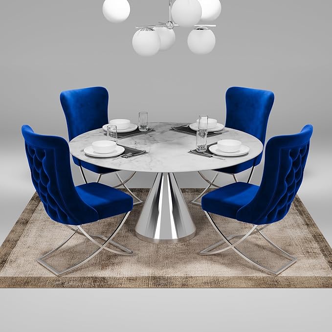 Ottomanson Royal Dining Chairs Set of 2 – Upholstered Tufted Microfiber, Assembled, Silver Metal Legs, Beech Wood Frame, 350 lb Capacity, Blue