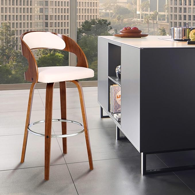 Armen Living Shelly 26" Counter Height Swivel Cream Faux Leather and Walnut Wood Bar Stool - Set of 4