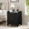 Wnutrees Fluted Nightstand with Charging Station, Modern Bedside Table with 2 Drawers, Farmhouse Wooden End Side Table Living Room, Black