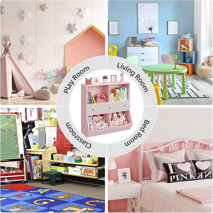 IDEALHOUSE 7-Cubby Large Kids Toy Storage Organizer, Children Wood Bookcase and Bookshelf, 3-Tier Toy Storage Cabinet with 3 Drawers for Hallway, Playroom, Living Room, School, 2 Set Pink