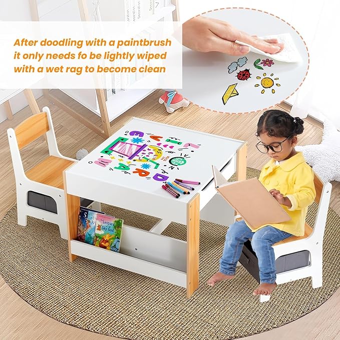Asweets Kids Table and Chair Set,4 in 1 Toddler Desk with Storage Drawer,Wooden Activity Table for 2 in 1 Detachable Tabletop,Bookshelf,Suitable for Classroom,Home,Nursery,Playroom (Pure White)