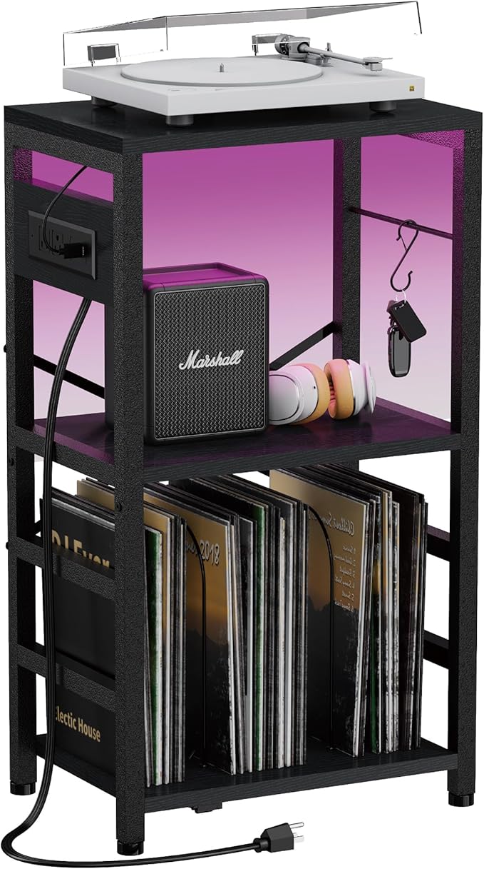 End Table with LED Light,Record Player Stand with Charging Station,Vinyl Records Storage,Turntable Stand Albums Storage for Music Room Studio-Industry Black