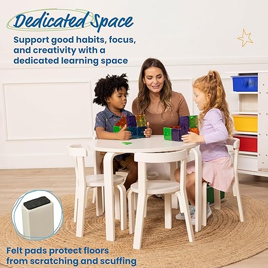 ECR4Kids Bentwood Round Table and Curved Back Chair Set, Kids Furniture, White Wash, 5-Piece