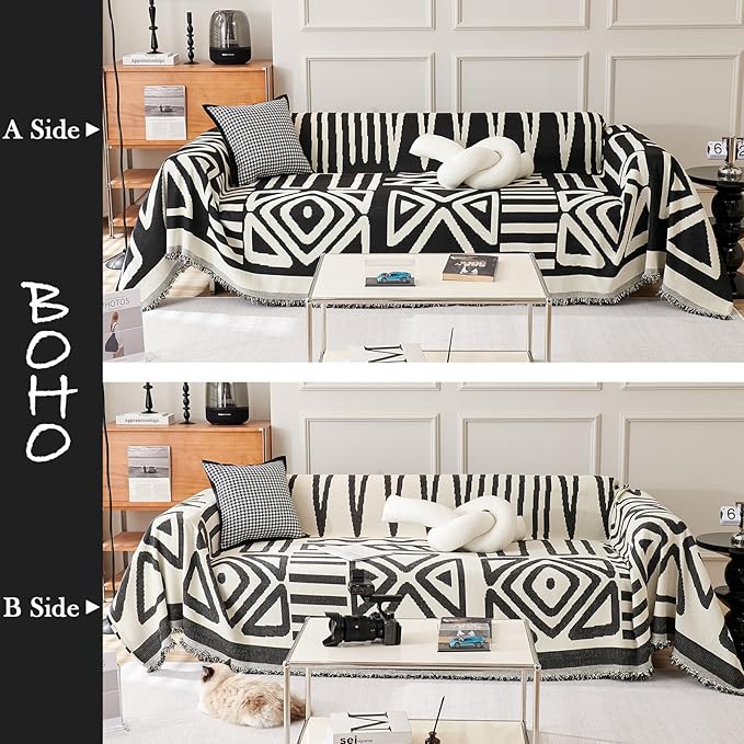 HANDONTIME Boho Sofa Covers for Dogs Black Couch Sofa Covers for 3 Cushion Couch Sofa Beige Chenille Sofa Slipcover Washable Sectional l Shaped Covers Pets Protector Furniture Covers 71" X118"