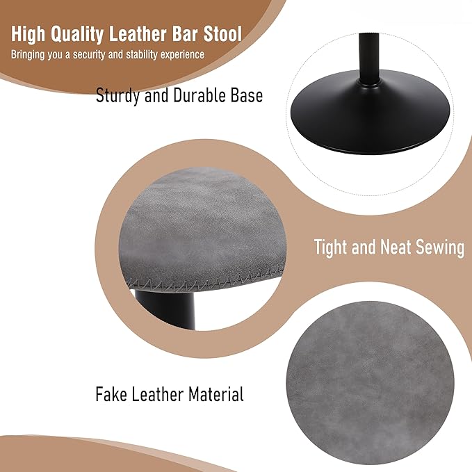 Bar Stools, Swivel Counter Height Barstools with Back, Adjustable Modern Bar Chairs, Tall Armless PU Leather Kitchen Island Stool (Grey, Set of 1)