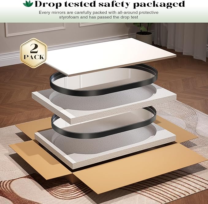 2 Pack Black Oval Mirror, 24" x 36" Oval Mirrors for Bathroom, Modern Vanity Pair Mirror for Over Sink Bedroom Fireplace Entryway Hang Vertical and Horizontal