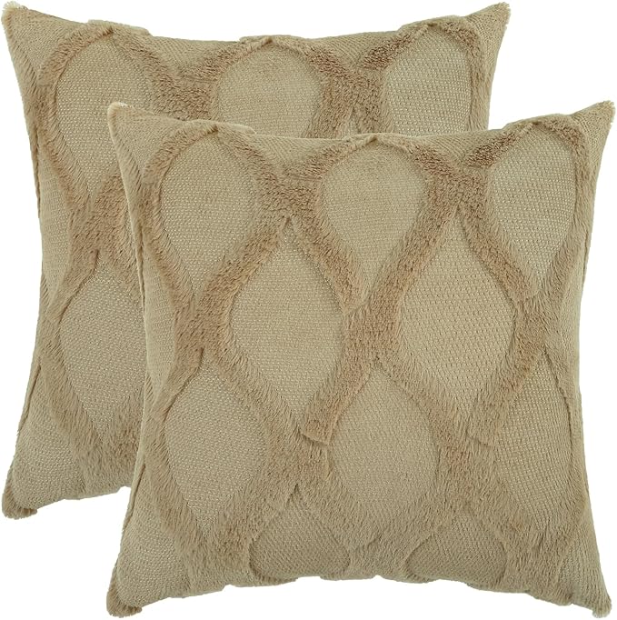 decorUhome Throw Pillow Covers 26x26 Inch Set of 2, Soft Plush Faux Fur Wool Khaki Couch Pillow Covers, Decorative Neutral Pillow Cases for Bed Sofa Living Room Home Decor