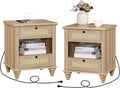 WAMPAT Set of 2 Rattan Night Stands Side Tables with Charging Station, Wood End Table for Living Room with Drawers & Shelf, Farmhouse Bedside Table Nightstand for Bedroom, Oak