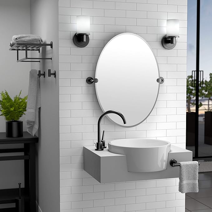 Gatco 4249MX Latitude II Oval Mirror, 26.5 Inch, Matte Black/Wall Mounted Frameless Oval Bathroom Vanity Mirror with Matte Black Brackets/Tilting Oval Mirror to Adjust Up or Down Viewing Angle