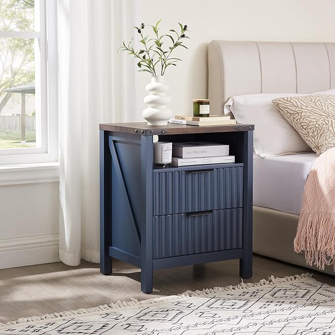 Navy Blue Nightstand with Charging Station Set of 2-20 Inch Wide Farmhouse Fluted Bedside Table with 2 Drawers, Modern Wood End Side Table for Bedroom Study Storage Home
