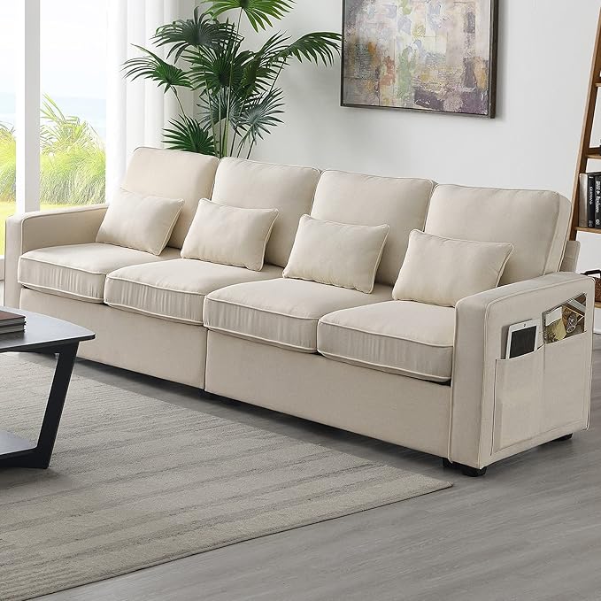 104" 4-Seater Modern Linen Fabric Sofa with Armrest Pockets,Minimalist Style Wood Frame Couch,w/ 4 Pillows,for Living Room,Apartment,Office,Beige