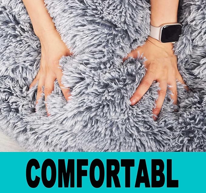 Fluffy Bean Bag Chair for Kids, 2.5FT Round Memory Foam Filled Bean Bag for Teens & Kids, Ultra Soft Faux Fur Fabric Bean Bag Chairs for Playroom, Living Room, Bedroom, Gray
