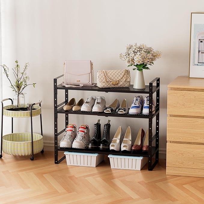 Expandable Stackable Aadjustable Shoe Rack Pantry Shelf for Kitchen Cabinets Counter Shelves Countertop Cupboard Storage Solution,Sturdy Heavy-Duty Metal Construction(1Pack/Black/Large)