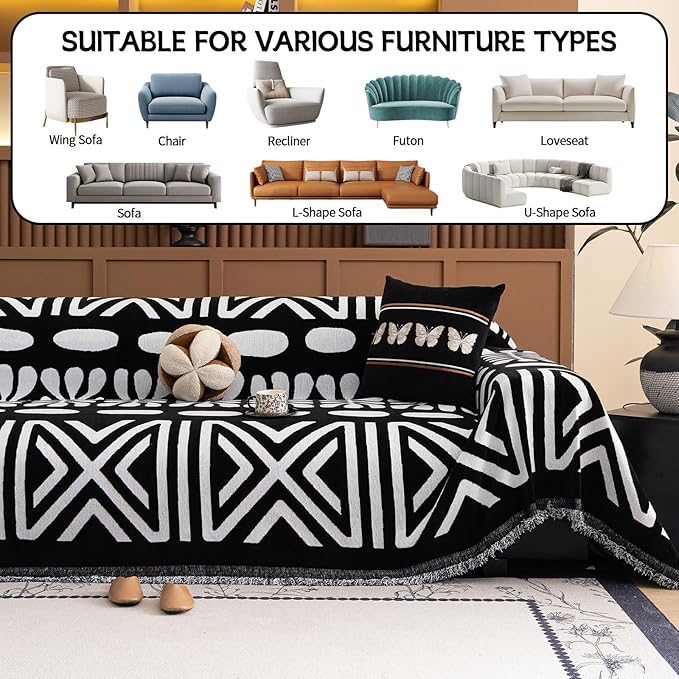 HANDONTIME Boho Couch Cover Blanket Geometric Striped Pet Covers for Couches and Sofas Black and White Dog Cover for Couch Pet Friendly Chenille Sectional Sofa Covers for Pets Washable, 71" X 134"