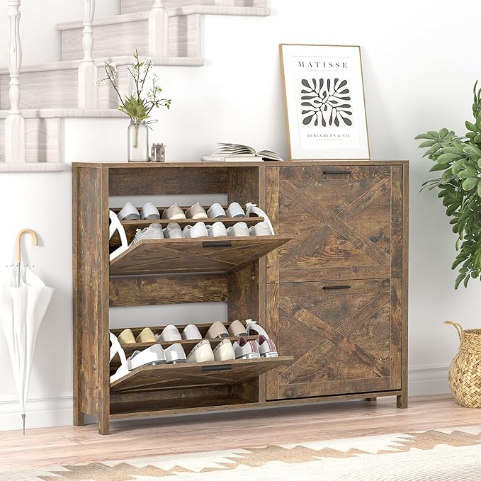 47" W Large Shoe Storage Cabinet with 4 Flip Drawers, Freestanding Hidden Shoe Cabinet Organizer with Adjustable Shelf, Narrow Shoe Cabinet for Entryway Hallway Living Room