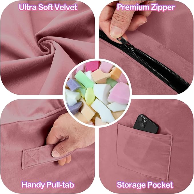 Homguava 4 FT Bean Bag Chair: 4' Bean Bags with Memory Foam Filled, Large Beanbag Chairs Soft Sofa with Dutch Velvet Cover-Dusty Pink