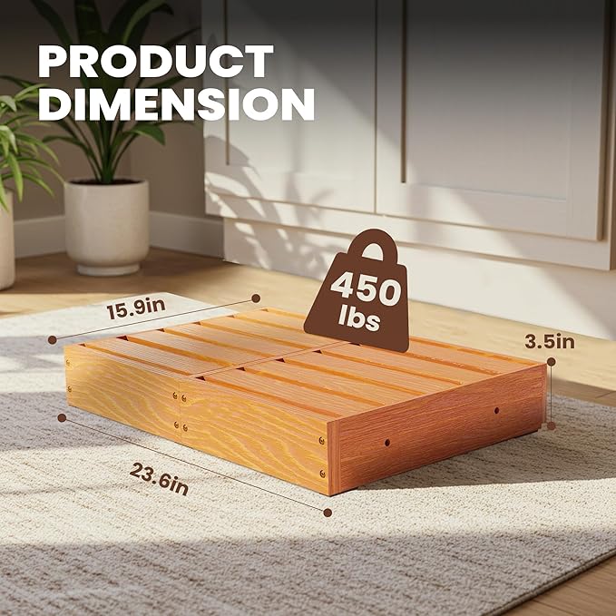 Wooden Step Stool, Durable Pine Wood Platform 23.6" x 15.9", 3.5" High, Supports 450 lbs, Sturdy Minimalist Low Step for Kitchen, Bedroom, Bathroom, Living Room & Indoor Home Décor