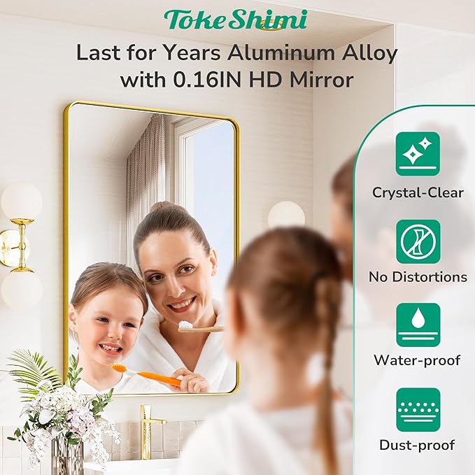 TokeShimi Gold Bathroom Mirror 22x30,HD Tempered Glass,Brushed Gold Bathroom Vanity Mirror for Over Sink,Aluminum Framed Mirror Wall(Horizontal/Vertical)