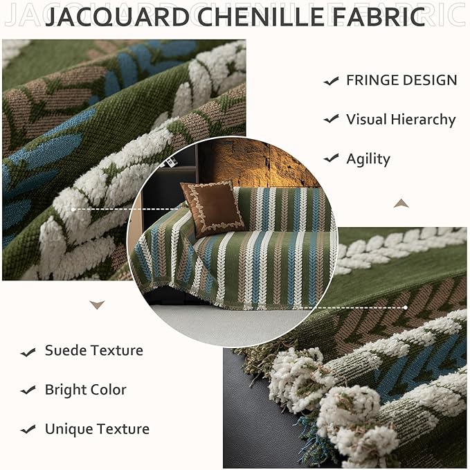 STACYPIK Thick Jacquard Green Couch Cover, Washable Sofa Cover for 2 Cushion Couch, Washable Chenille Couch Cover Blanket, Multi-use Sofa Protector Slipcover, Furniture Protector Pet-Friendly-71X118IN