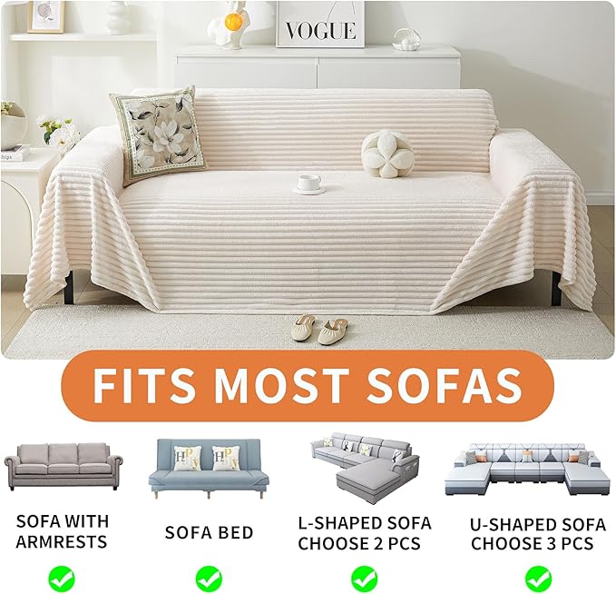 HAOMAIJIA Faux Fur Sofa Covers Couch Covers for 3 Cushion Couch Sofa Pet Friendly Soft Non Slip Couch Cover for Dogs Washable Sectional Couch Covers L Shape Furniture Protector (Off White, 91"x150")