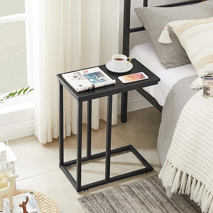 VECELO C Shaped End Side Table for Sofa Couch and Bed Snack TV Tray for Living Room Bedroom, 2 Set, Black