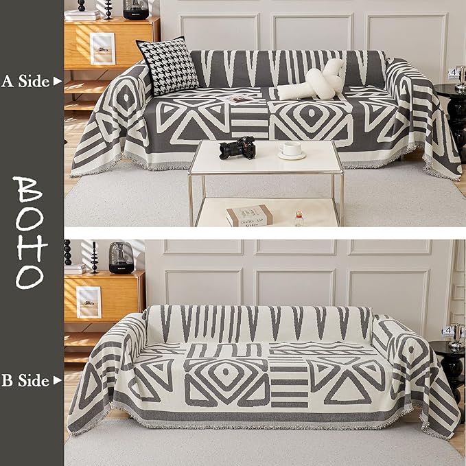 HANDONTIME Reversible Sofa Cover Boho Geometric Couch Cover for Dogs Dark Grey Couches Covers Washable Chenille Couch Covers for 3 Cushion Couch Pet Friendly Furniture Protector for Pets, 59" X71"